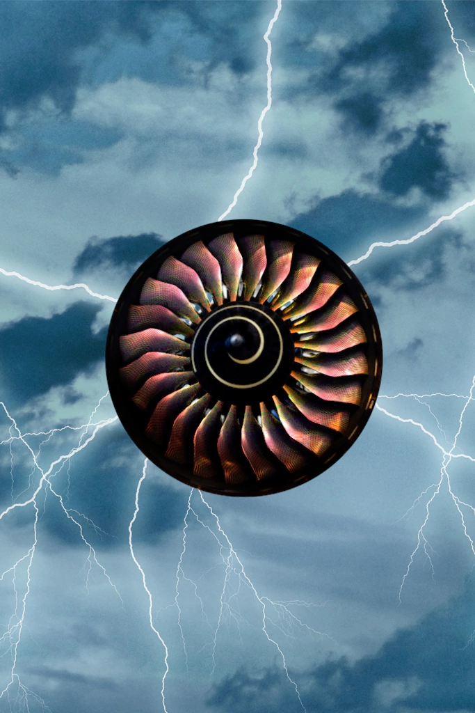 Turbine and thunder-inspired textile print from Futurism collection, now minted as an NFT on Ethereum.